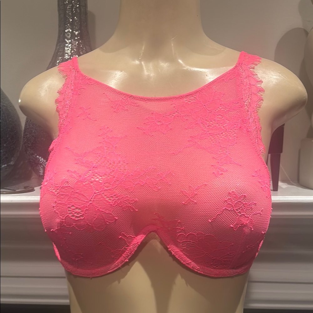 Victoria Secret Pink Monowire Sheer Floral Lace Bra Unlined High Neck 32D